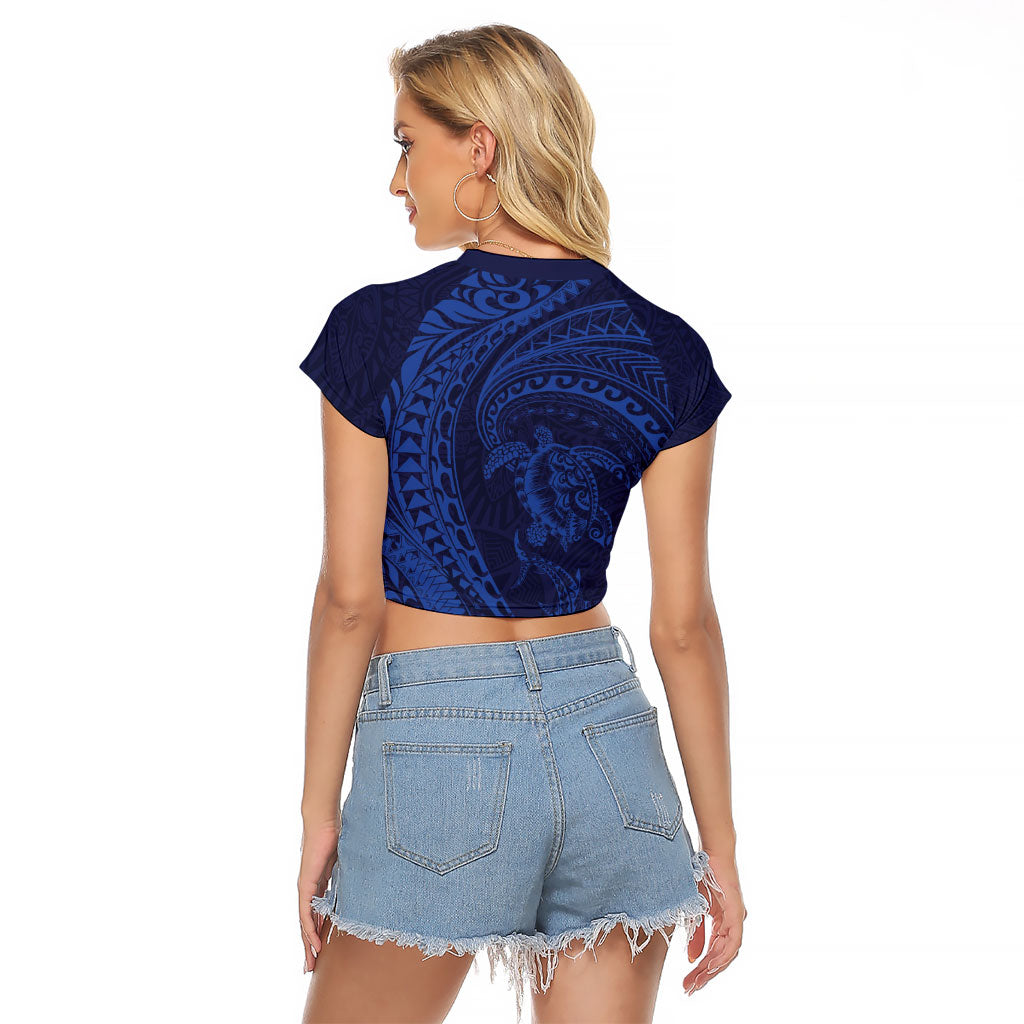 Hawaiian Turtle and Shark Raglan Cropped T Shirt Kakau Tribal with Polynesian Pattern Blue Color LT03 - Polynesian Pride