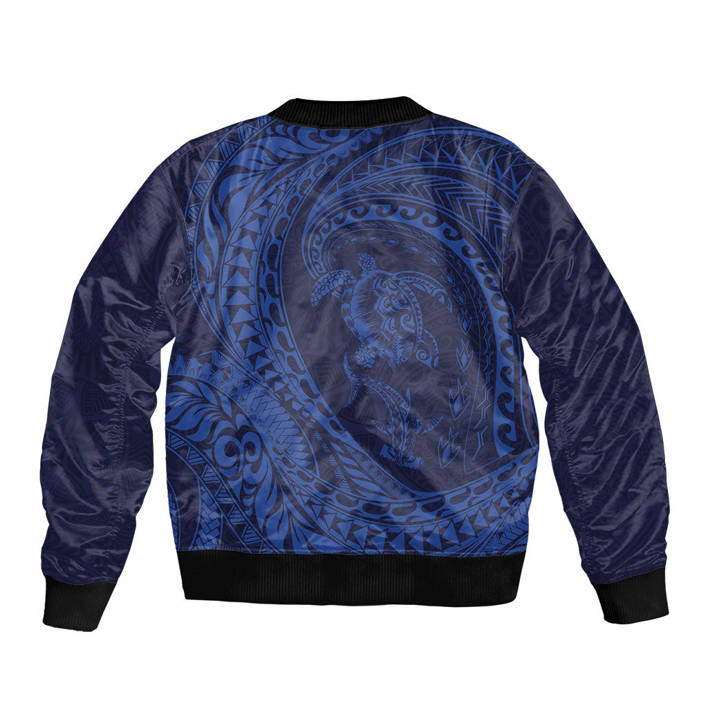 Hawaiian Turtle and Shark Sleeve Zip Bomber Jacket Kakau Tribal with Polynesian Pattern Blue Color LT03 - Polynesian Pride