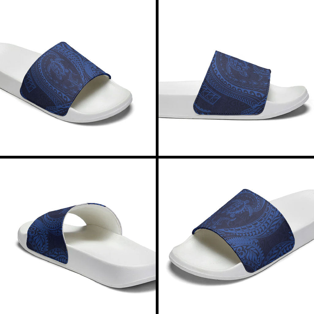 Hawaiian Turtle and Shark Slide Sandals Kakau Tribal with Polynesian Pattern Blue Color LT03 - Polynesian Pride
