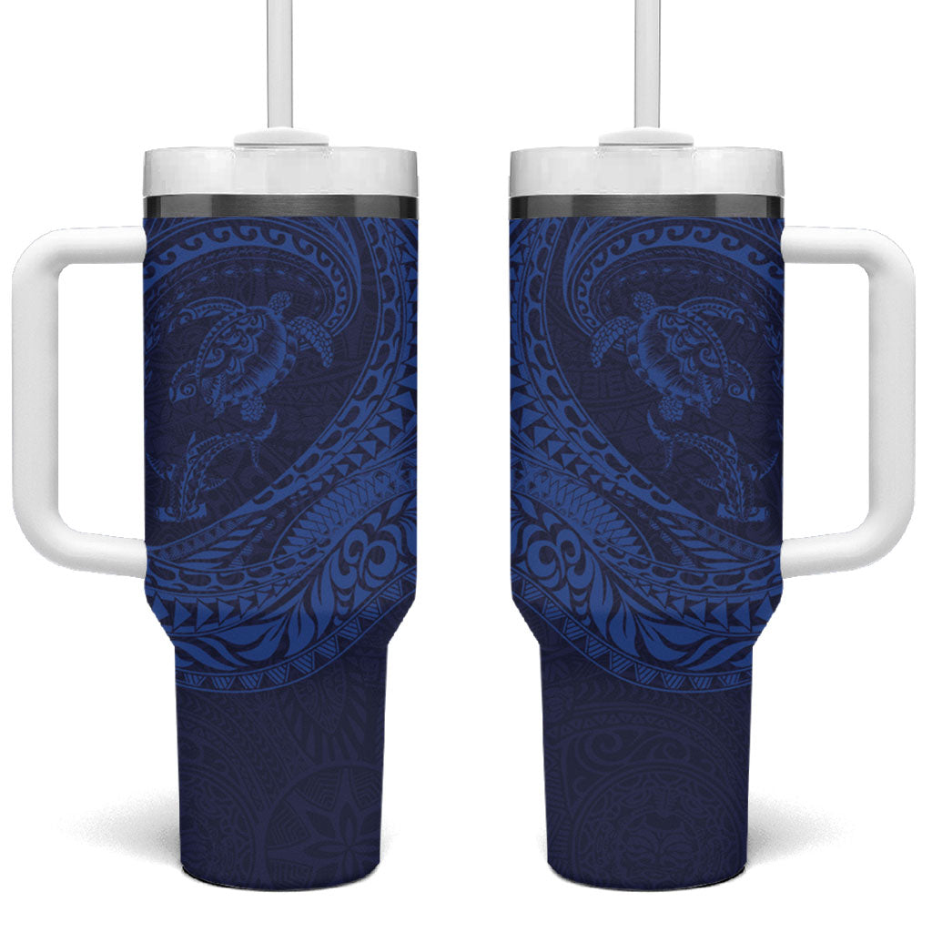 Hawaiian Turtle and Shark Tumbler With Handle Kakau Tribal with Polynesian Pattern Blue Color LT03 One Size: 40 oz Blue - Polynesian Pride