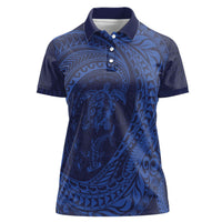 Hawaiian Turtle and Shark Women Polo Shirt Kakau Tribal with Polynesian Pattern Blue Color LT03 Female Blue - Polynesian Pride