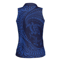 Hawaiian Turtle and Shark Women Sleeveless Polo Shirt Kakau Tribal with Polynesian Pattern Blue Color LT03 - Polynesian Pride