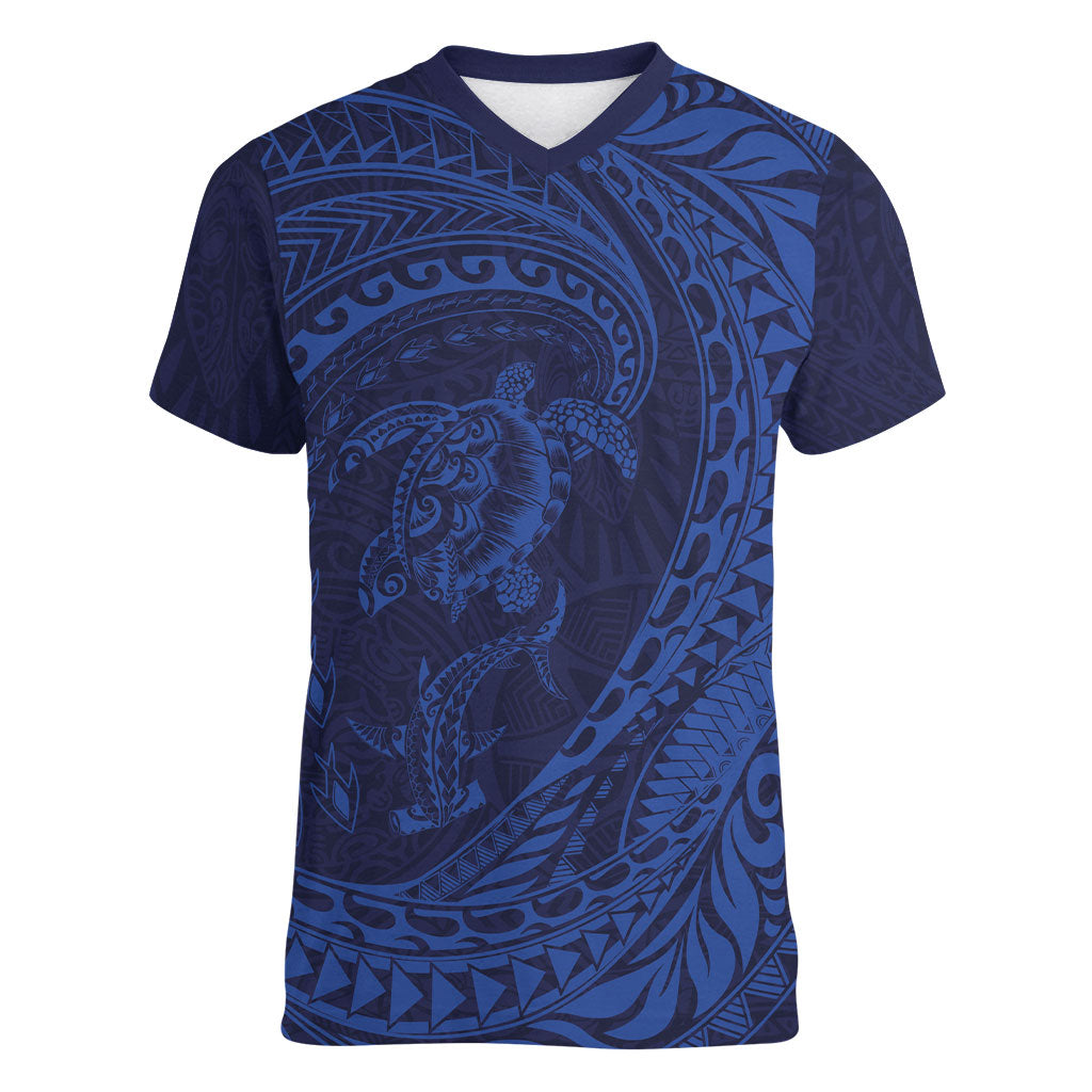 Hawaiian Turtle and Shark Women V-Neck T-Shirt Kakau Tribal with Polynesian Pattern Blue Color LT03 Female Blue - Polynesian Pride