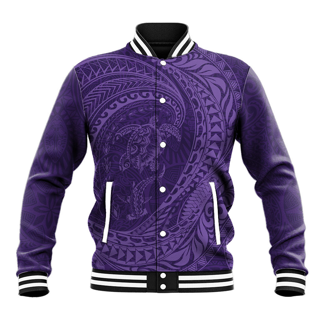 Hawaiian Turtle and Shark Baseball Jacket Kakau Tribal with Polynesian Pattern Purple Color LT03 Unisex Purple - Polynesian Pride