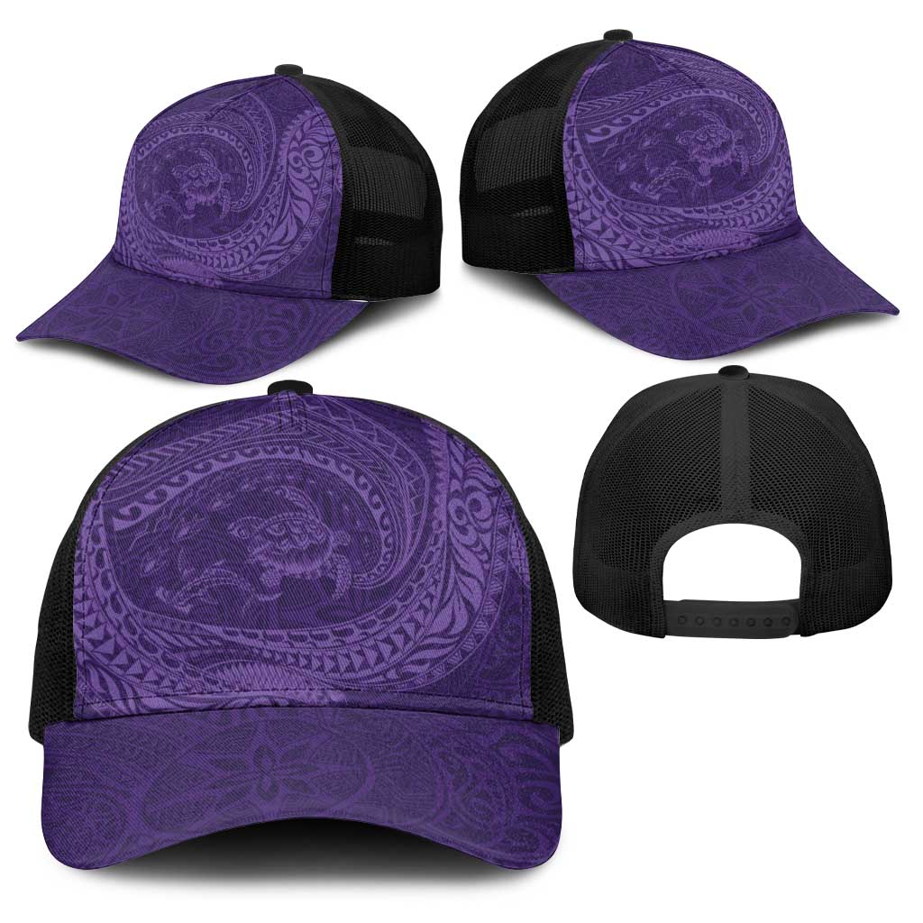 Hawaiian Turtle and Shark Baseball Net Cap Kakau Tribal with Polynesian Pattern Purple Color LT03 - Polynesian Pride