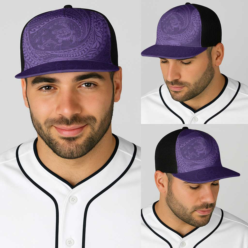 Hawaiian Turtle and Shark Baseball Net Cap Kakau Tribal with Polynesian Pattern Purple Color LT03 - Polynesian Pride