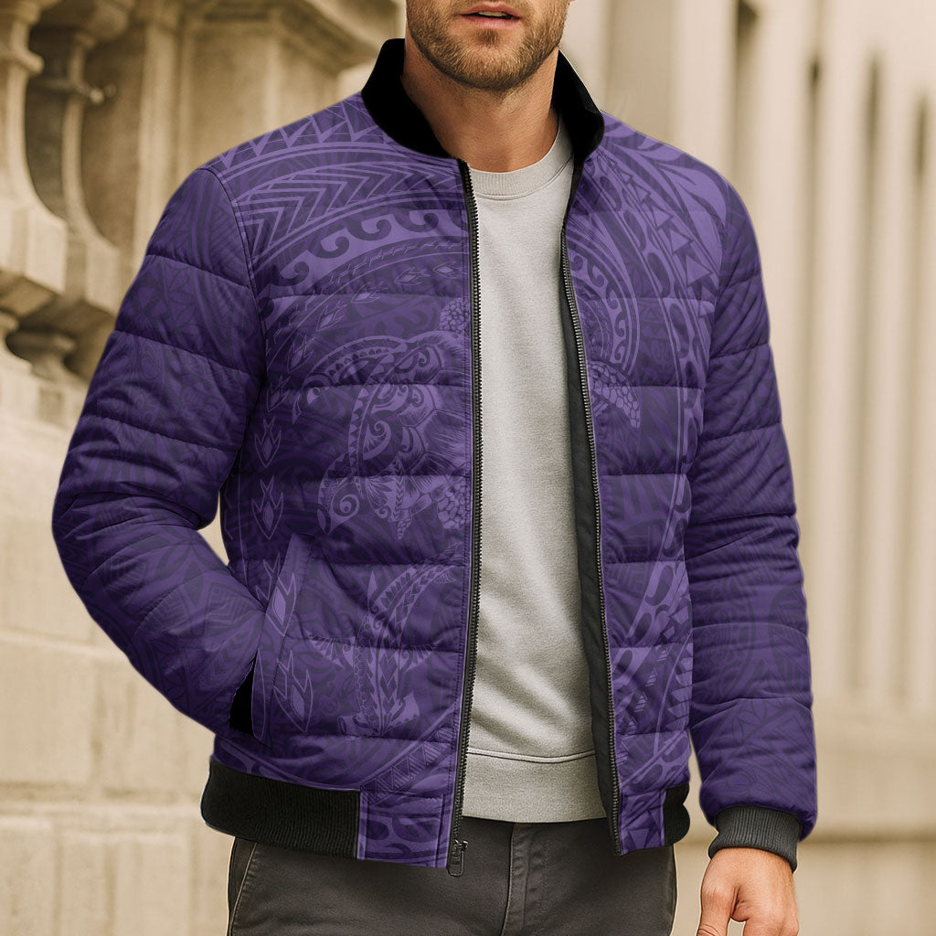 Hawaiian Turtle and Shark Bomber Puffer Jacket Kakau Tribal with Polynesian Pattern Purple Color LT03 - Polynesian Pride