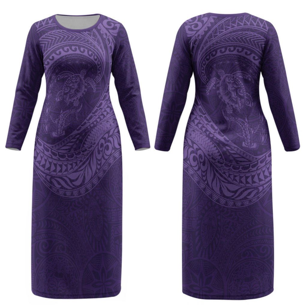 Hawaiian Turtle and Shark Couples Matching Long Sleeve Bodycon Dress and Hawaiian Shirt Kakau Tribal with Polynesian Pattern Purple Color LT03 - Polynesian Pride