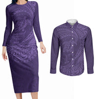 Hawaiian Turtle and Shark Couples Matching Long Sleeve Bodycon Dress and Long Sleeve Button Shirt Kakau Tribal with Polynesian Pattern Purple Color LT03 Purple - Polynesian Pride