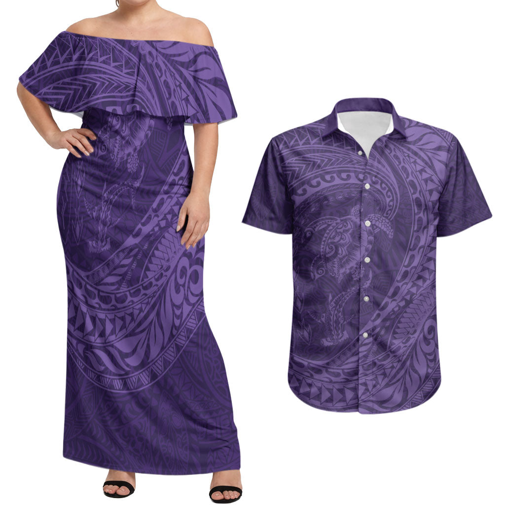 Hawaiian Turtle and Shark Couples Matching Off Shoulder Maxi Dress and Hawaiian Shirt Kakau Tribal with Polynesian Pattern Purple Color LT03 Purple - Polynesian Pride