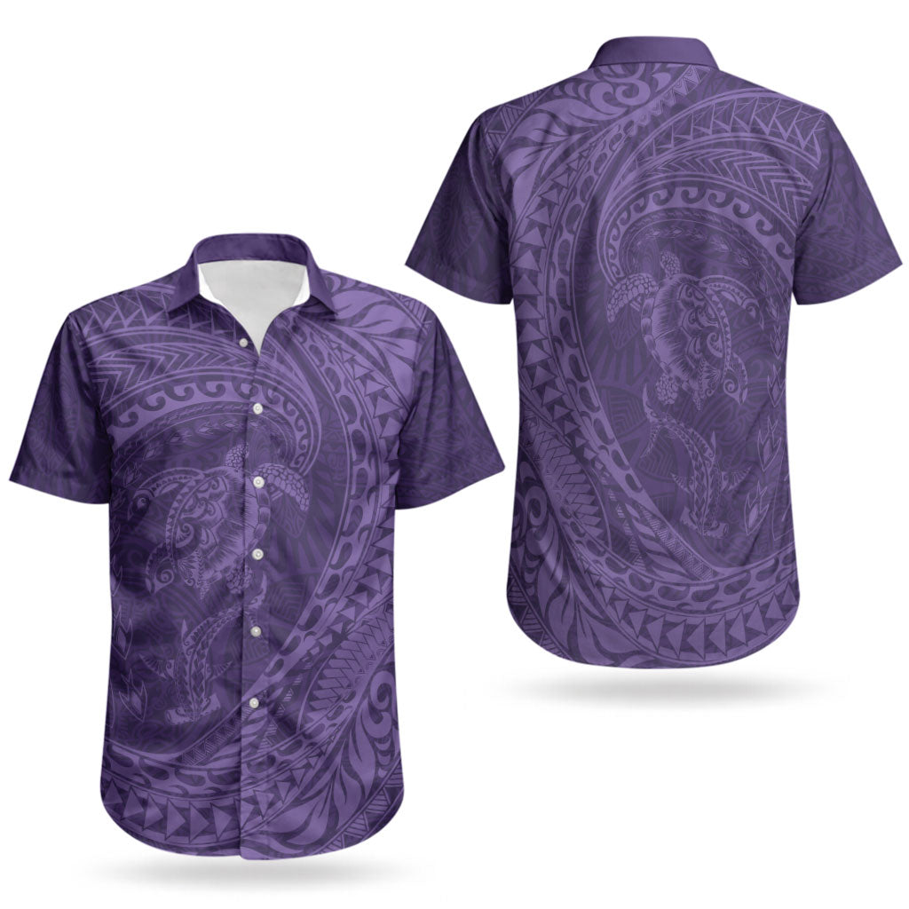 Hawaiian Turtle and Shark Couples Matching Off Shoulder Maxi Dress and Hawaiian Shirt Kakau Tribal with Polynesian Pattern Purple Color LT03 - Polynesian Pride
