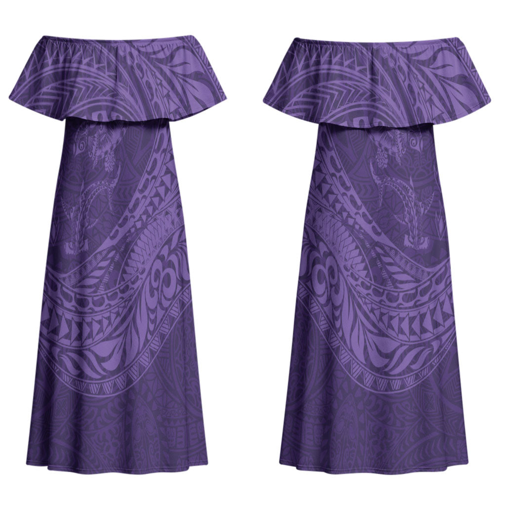 Hawaiian Turtle and Shark Couples Matching Off Shoulder Maxi Dress and Long Sleeve Button Shirt Kakau Tribal with Polynesian Pattern Purple Color LT03 - Polynesian Pride