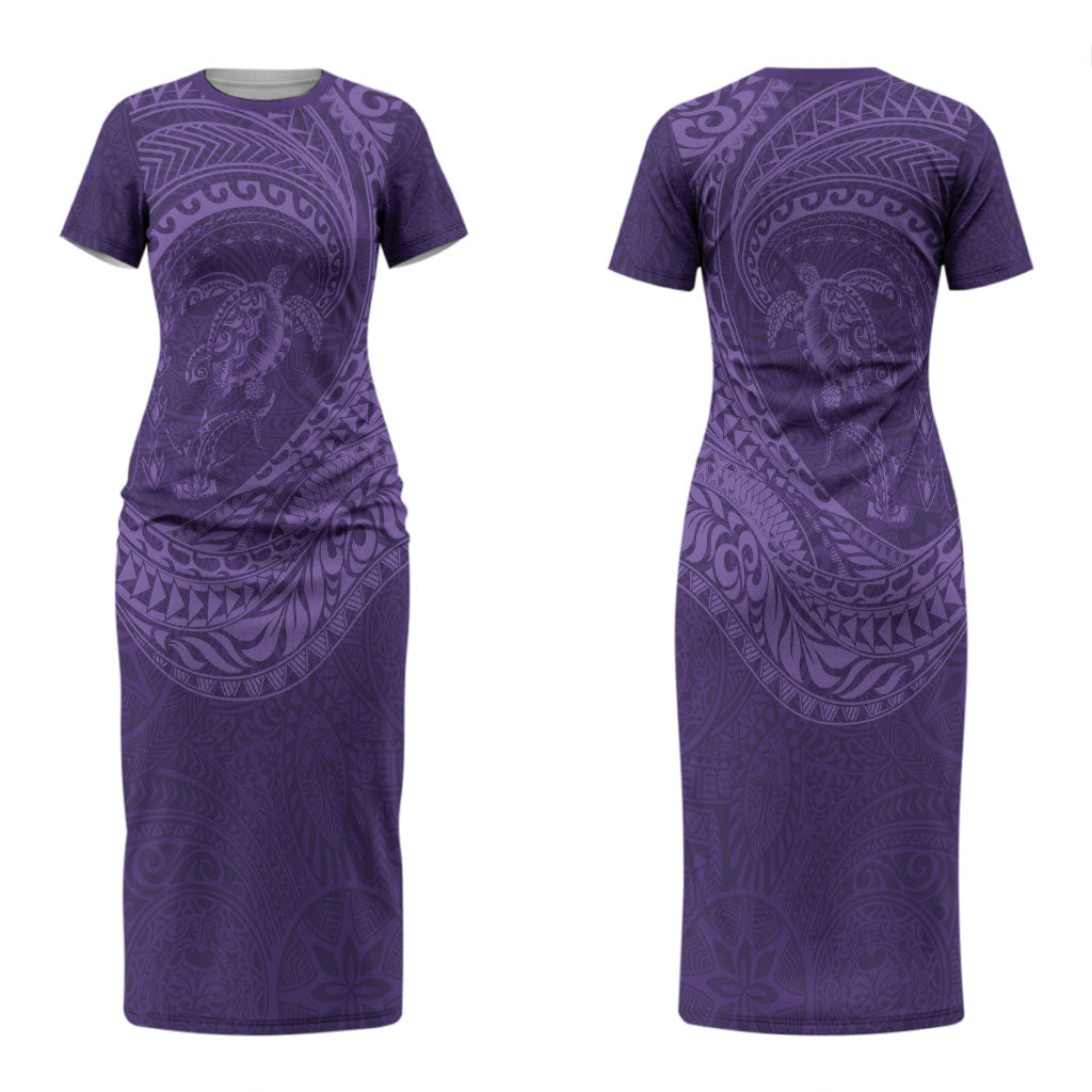Hawaiian Turtle and Shark Couples Matching Short Sleeve Bodycon Dress and Long Sleeve Button Shirt Kakau Tribal with Polynesian Pattern Purple Color LT03 - Polynesian Pride