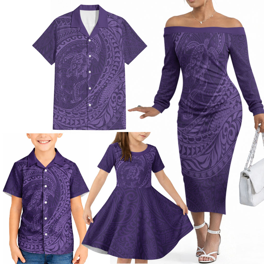 Hawaiian Turtle and Shark Family Matching Off The Shoulder Long Sleeve Dress and Hawaiian Shirt Kakau Tribal with Polynesian Pattern Purple Color LT03 - Polynesian Pride