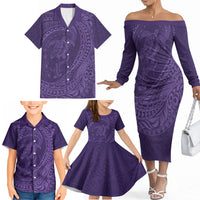 Hawaiian Turtle and Shark Family Matching Off The Shoulder Long Sleeve Dress and Hawaiian Shirt Kakau Tribal with Polynesian Pattern Purple Color LT03 - Polynesian Pride
