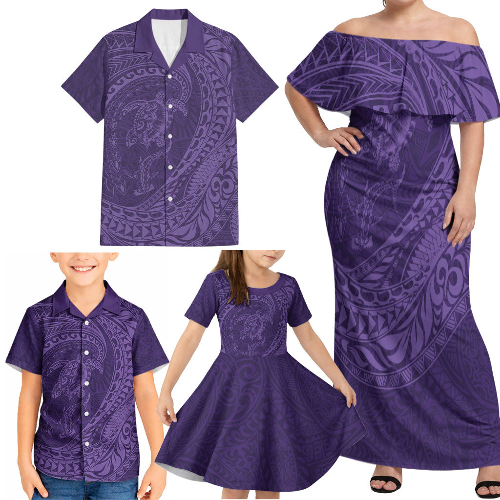 Hawaiian Turtle and Shark Family Matching Off Shoulder Maxi Dress and Hawaiian Shirt Kakau Tribal with Polynesian Pattern Purple Color LT03 - Polynesian Pride
