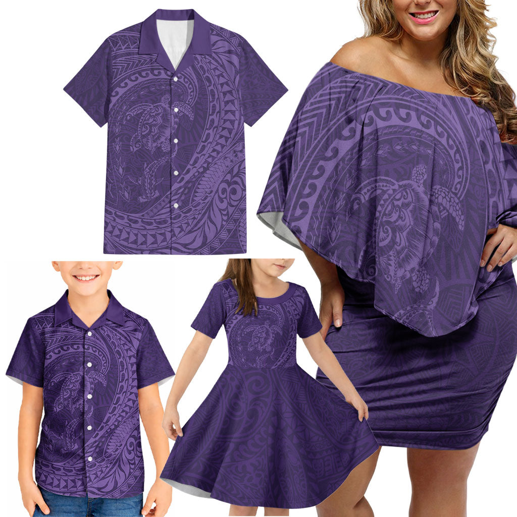 Hawaiian Turtle and Shark Family Matching Off Shoulder Short Dress and Hawaiian Shirt Kakau Tribal with Polynesian Pattern Purple Color LT03 - Polynesian Pride