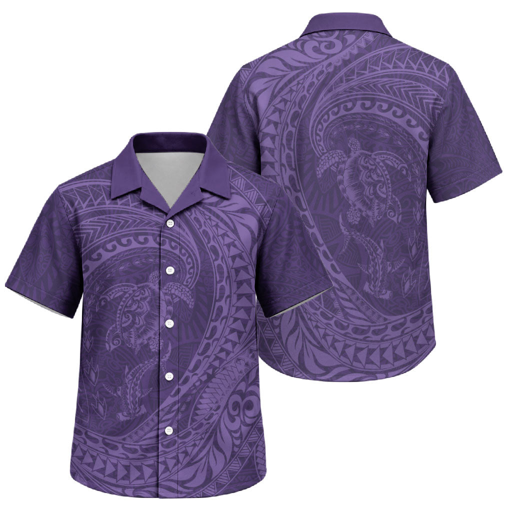 Hawaiian Turtle and Shark Family Matching Puletasi and Hawaiian Shirt Kakau Tribal with Polynesian Pattern Purple Color LT03 Son's Shirt Purple - Polynesian Pride