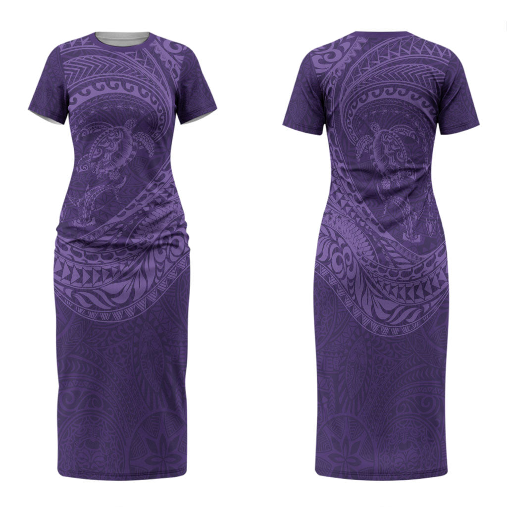 Hawaiian Turtle and Shark Family Matching Short Sleeve Bodycon Dress and Hawaiian Shirt Kakau Tribal with Polynesian Pattern Purple Color LT03 Mom's Dress Purple - Polynesian Pride