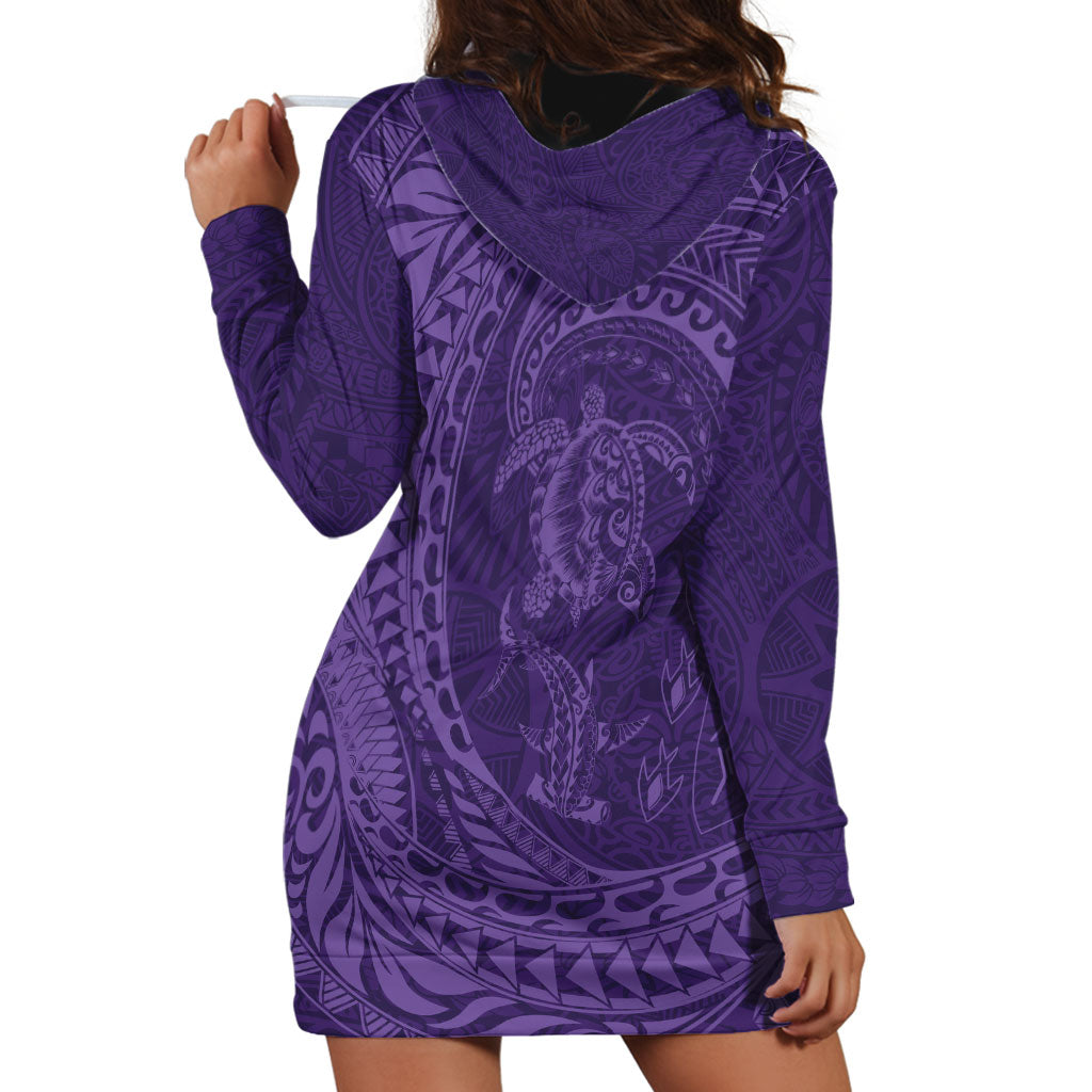 Hawaiian Turtle and Shark Hoodie Dress Kakau Tribal with Polynesian Pattern Purple Color LT03 - Polynesian Pride