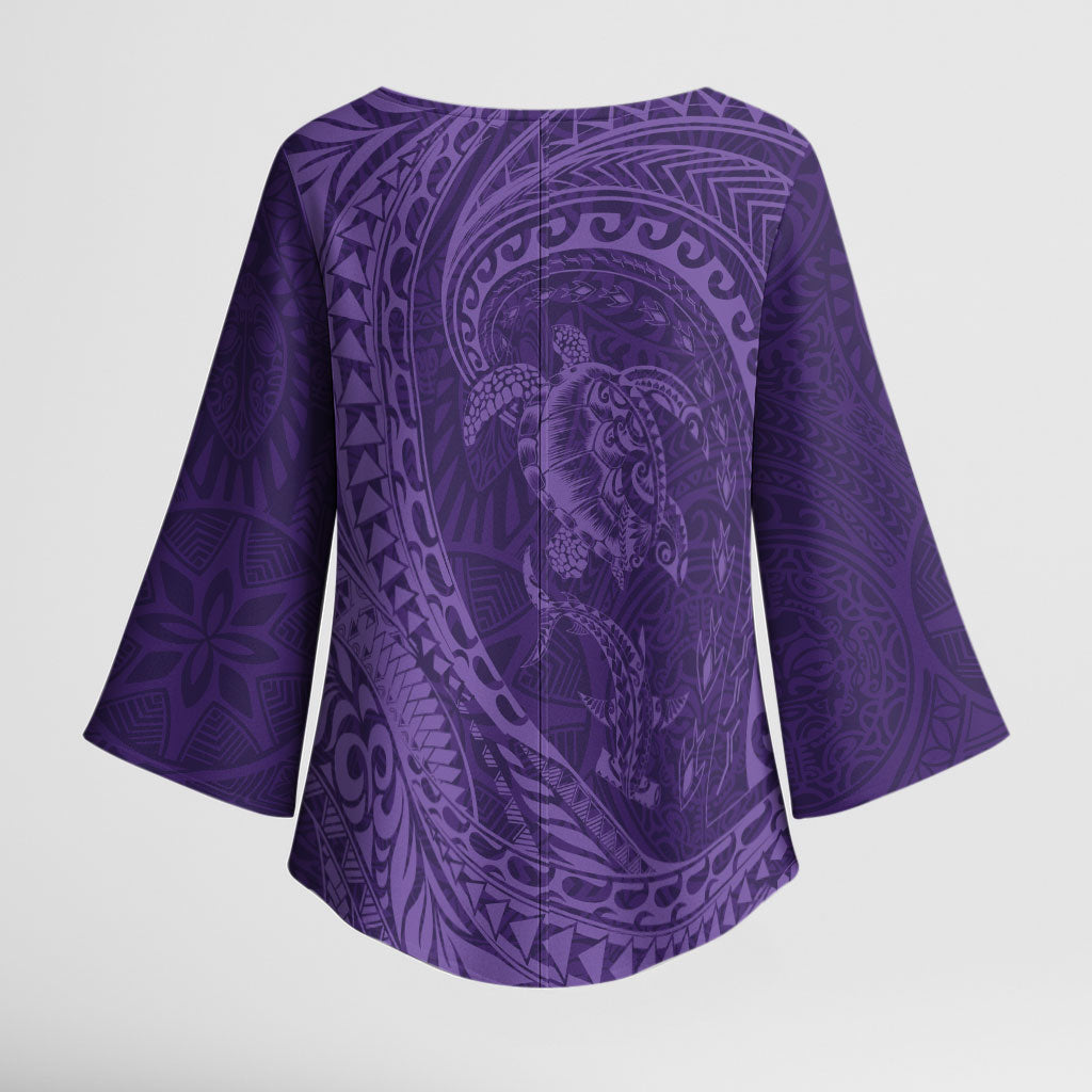 Hawaiian Turtle and Shark Kimono Sleeve Blouse Kakau Tribal with Polynesian Pattern Purple Color LT03 - Polynesian Pride