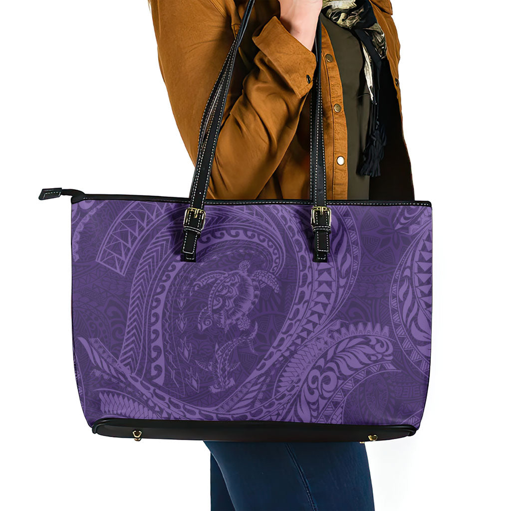 Hawaiian Turtle and Shark Leather Tote Bag Kakau Tribal with Polynesian Pattern Purple Color LT03 - Polynesian Pride