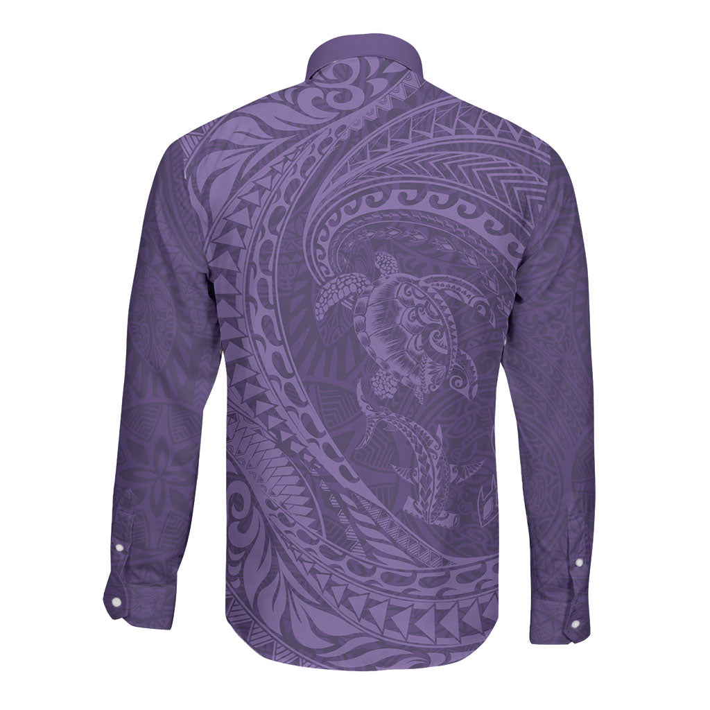 Hawaiian Turtle and Shark Long Sleeve Button Shirt Kakau Tribal with Polynesian Pattern Purple Color LT03 - Polynesian Pride
