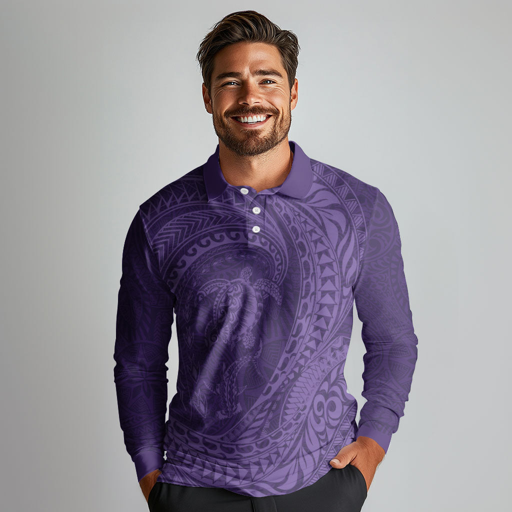Hawaiian Turtle and Shark Long Sleeve Polo Shirt Kakau Tribal with Polynesian Pattern Purple Color LT03 - Polynesian Pride