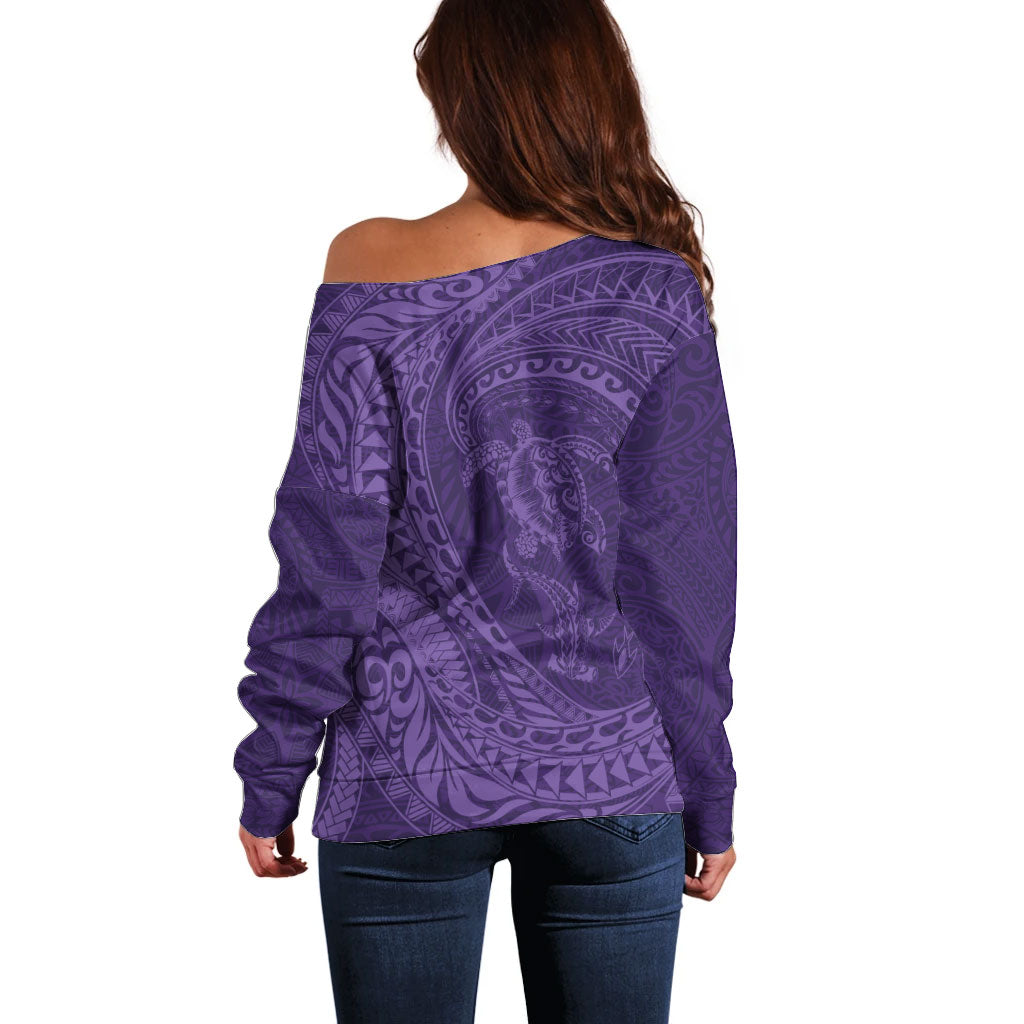 Hawaiian Turtle and Shark Off Shoulder Sweater Kakau Tribal with Polynesian Pattern Purple Color LT03 - Polynesian Pride