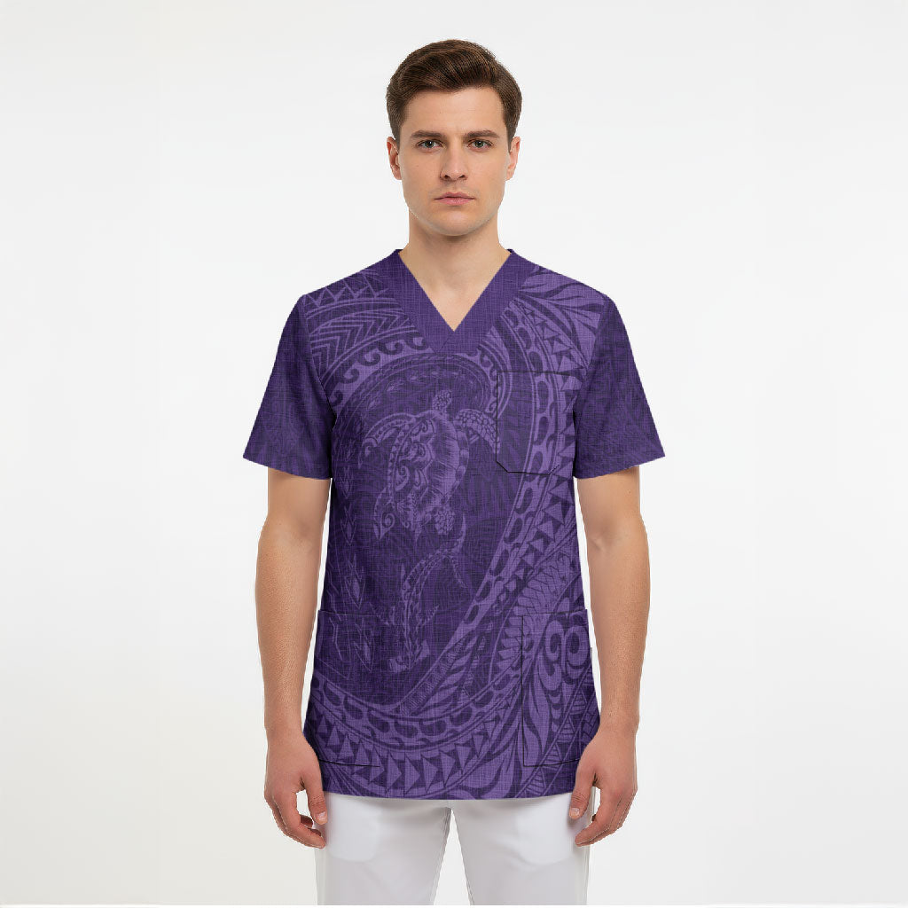 Hawaiian Turtle and Shark Scrub Top Kakau Tribal with Polynesian Pattern Purple Color LT03 - Polynesian Pride