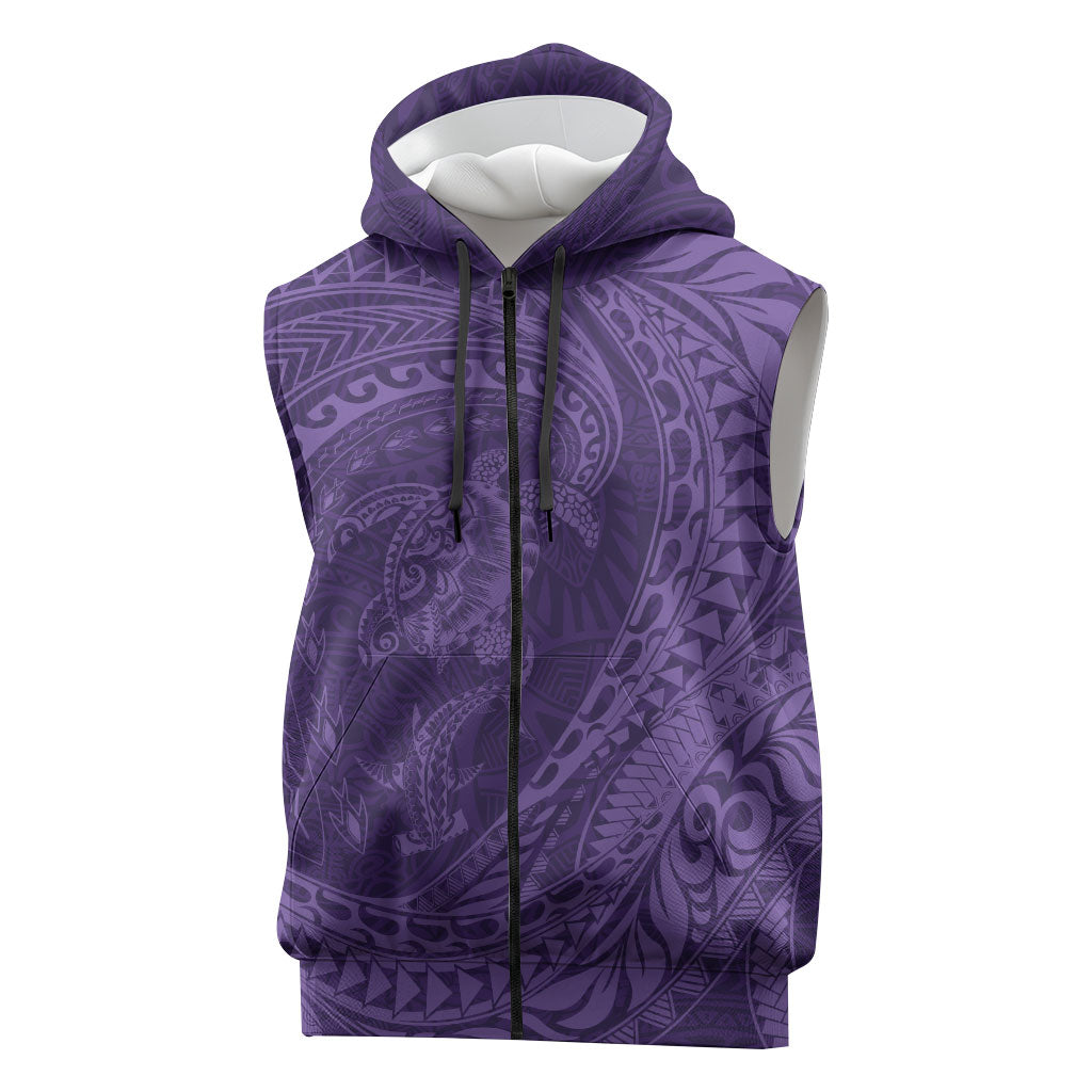 Hawaiian Turtle and Shark Sleeveless Zip Hoodie Kakau Tribal with Polynesian Pattern Purple Color LT03 Purple - Polynesian Pride