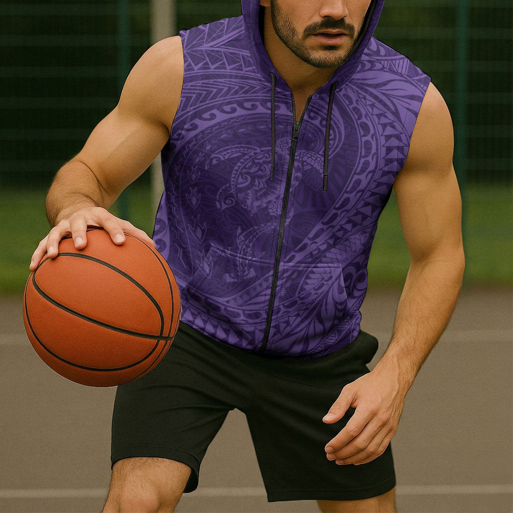 Hawaiian Turtle and Shark Sleeveless Zip Hoodie Kakau Tribal with Polynesian Pattern Purple Color LT03 - Polynesian Pride