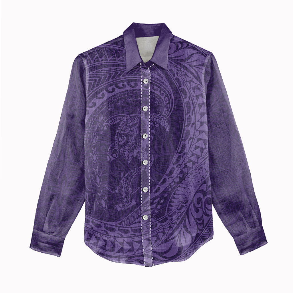 Hawaiian Turtle and Shark Women Casual Shirt Kakau Tribal with Polynesian Pattern Purple Color LT03 - Polynesian Pride