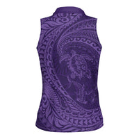 Hawaiian Turtle and Shark Women Sleeveless Polo Shirt Kakau Tribal with Polynesian Pattern Purple Color LT03 - Polynesian Pride