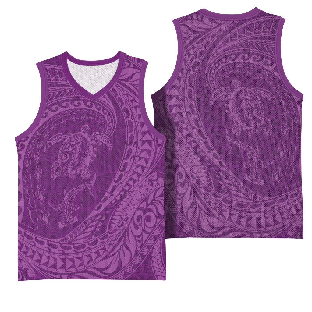 Hawaiian Turtle and Shark Basketball Jersey Kakau Tribal with Polynesian Pattern Pink Color LT03 - Polynesian Pride