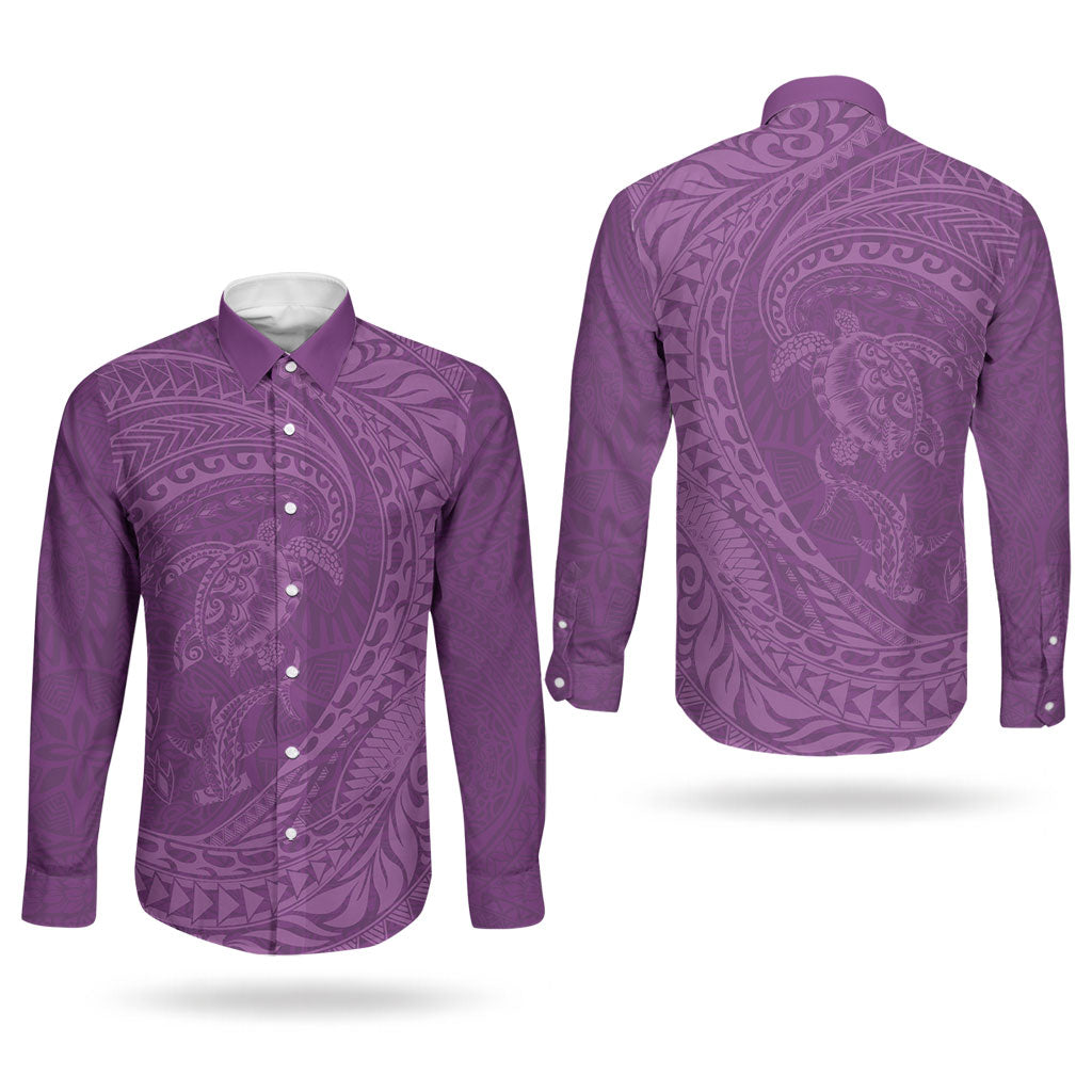 Hawaiian Turtle and Shark Couples Matching Off Shoulder Maxi Dress and Long Sleeve Button Shirt Kakau Tribal with Polynesian Pattern Pink Color LT03 - Polynesian Pride