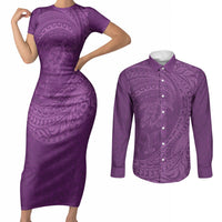 Hawaiian Turtle and Shark Couples Matching Short Sleeve Bodycon Dress and Long Sleeve Button Shirt Kakau Tribal with Polynesian Pattern Pink Color LT03 Pink - Polynesian Pride