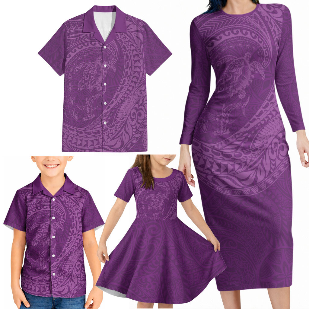 Hawaiian Turtle and Shark Family Matching Long Sleeve Bodycon Dress and Hawaiian Shirt Kakau Tribal with Polynesian Pattern Pink Color