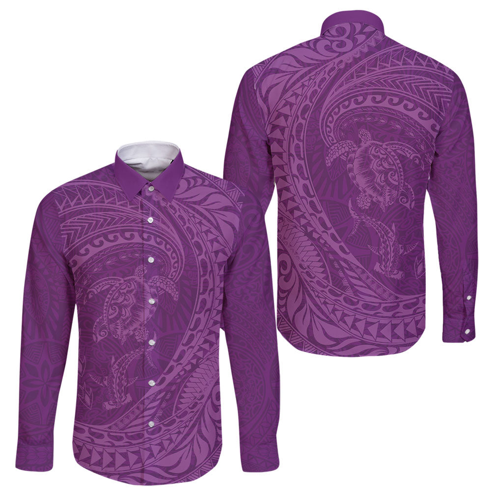 Hawaiian Turtle and Shark Family Matching Off Shoulder Maxi Dress and Hawaiian Shirt Kakau Tribal with Polynesian Pattern Pink Color LT03 Dad's Shirt - Long Sleeve Pink - Polynesian Pride