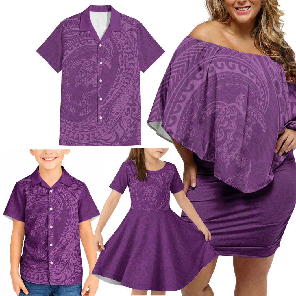 Hawaiian Turtle and Shark Family Matching Off Shoulder Short Dress and Hawaiian Shirt Kakau Tribal with Polynesian Pattern Pink Color LT03 - Polynesian Pride