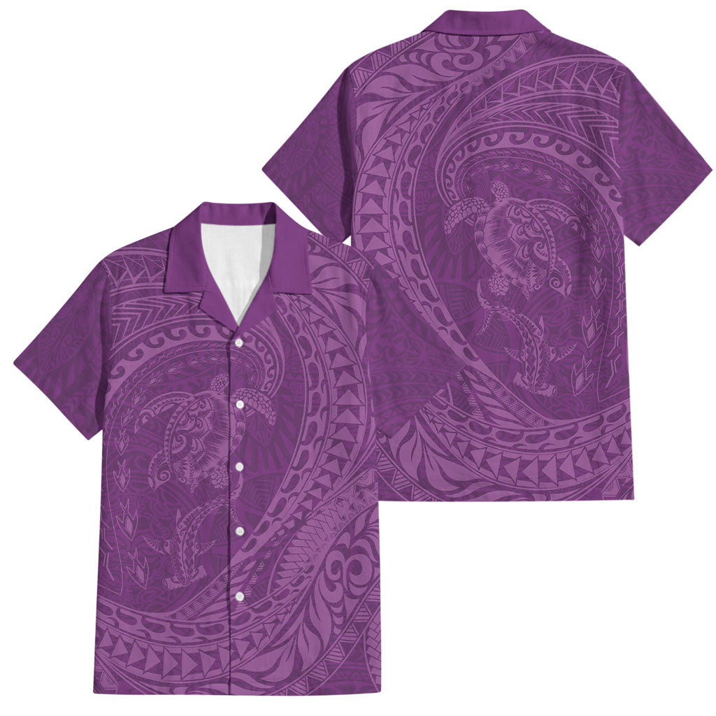 Hawaiian Turtle and Shark Family Matching Off Shoulder Short Dress and Hawaiian Shirt Kakau Tribal with Polynesian Pattern Pink Color LT03 Dad's Shirt - Short Sleeve Pink - Polynesian Pride