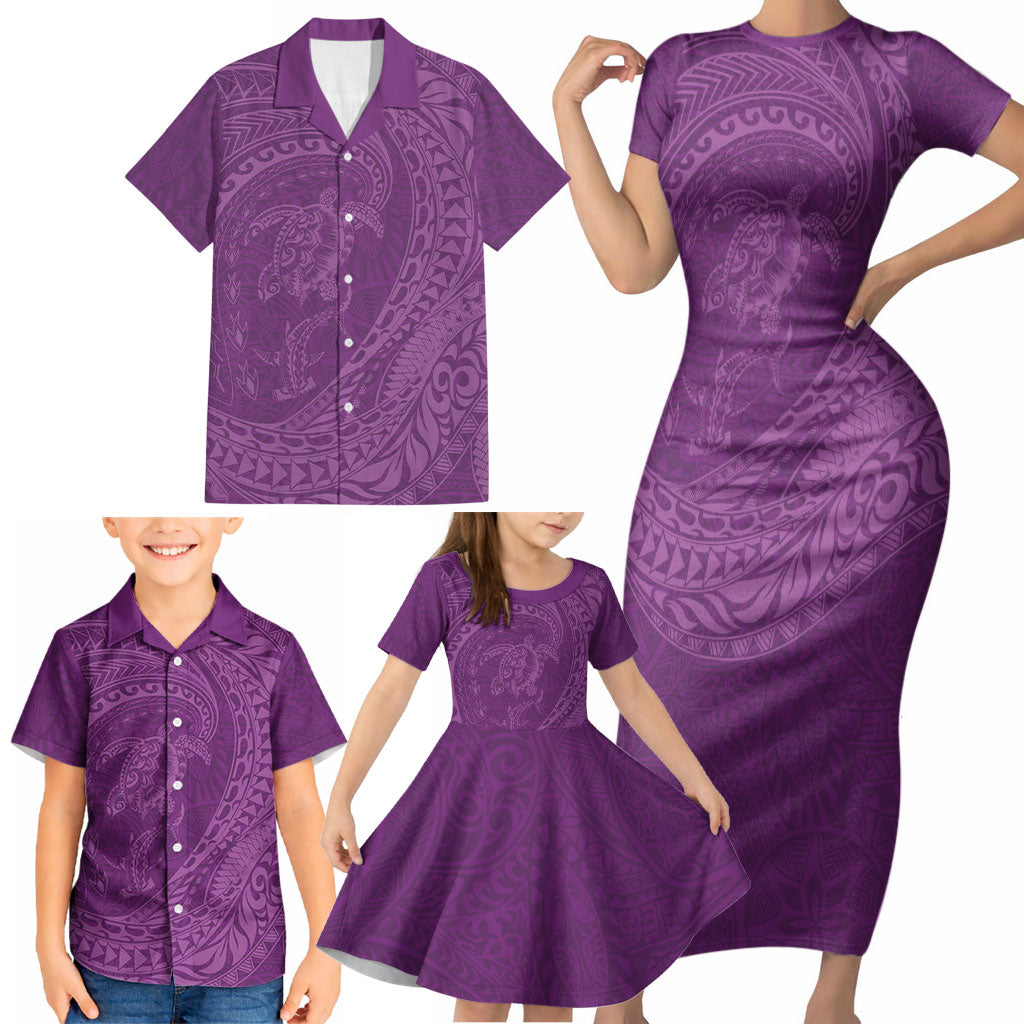 Hawaiian Turtle and Shark Family Matching Short Sleeve Bodycon Dress and Hawaiian Shirt Kakau Tribal with Polynesian Pattern Pink Color LT03 - Polynesian Pride