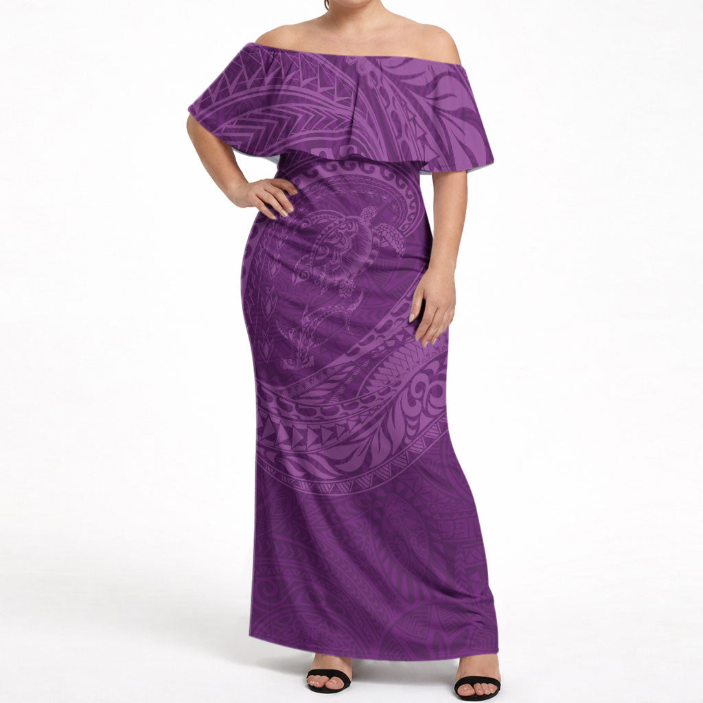 Hawaiian Turtle and Shark Off Shoulder Maxi Dress Kakau Tribal with Polynesian Pattern Pink Color LT03 Women Pink - Polynesian Pride