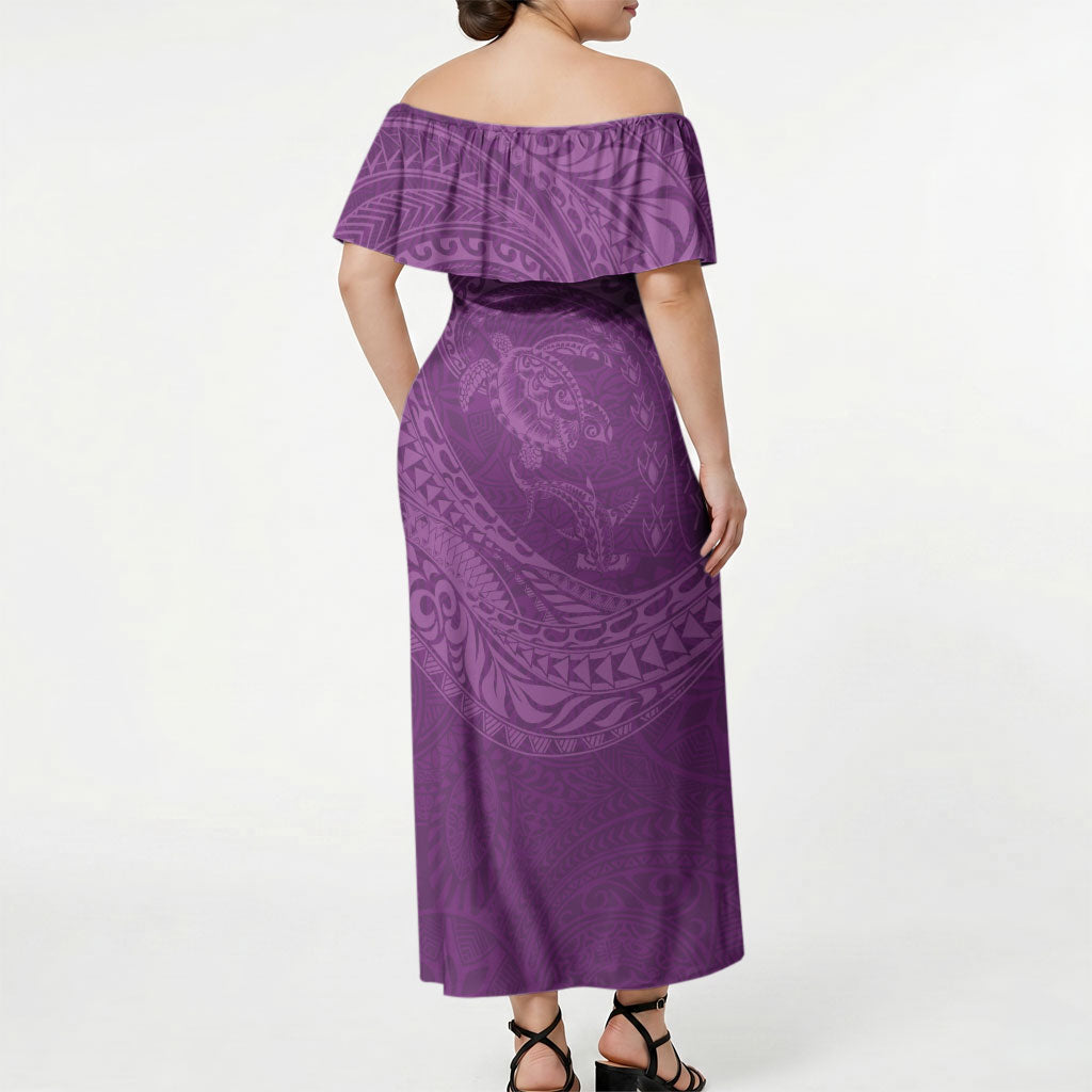 Hawaiian Turtle and Shark Off Shoulder Maxi Dress Kakau Tribal with Polynesian Pattern Pink Color LT03 - Polynesian Pride