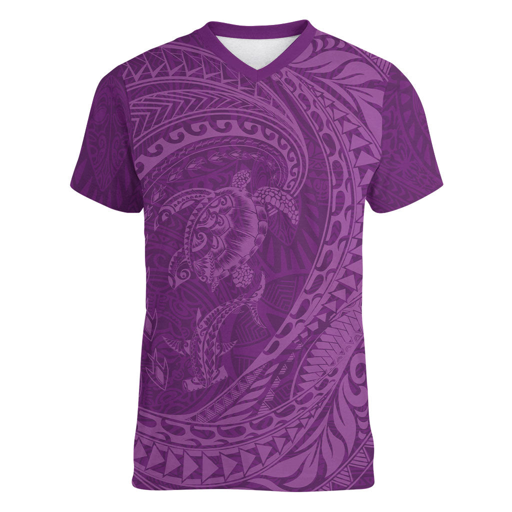 Hawaiian Turtle and Shark Women V-Neck T-Shirt Kakau Tribal with Polynesian Pattern Pink Color LT03 Female Pink - Polynesian Pride