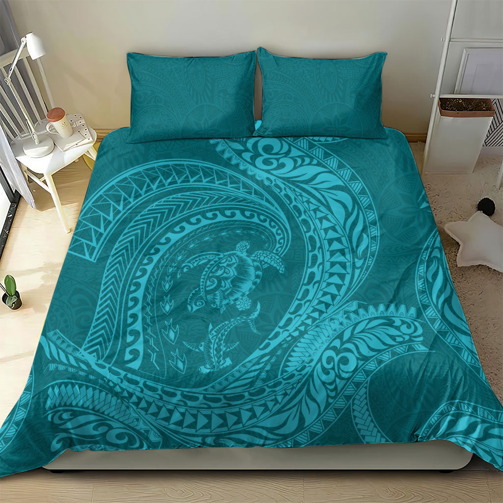 Hawaiian Turtle and Shark Bedding Set Kakau Tribal with Polynesian Pattern Turquoise Color LT03 - Polynesian Pride