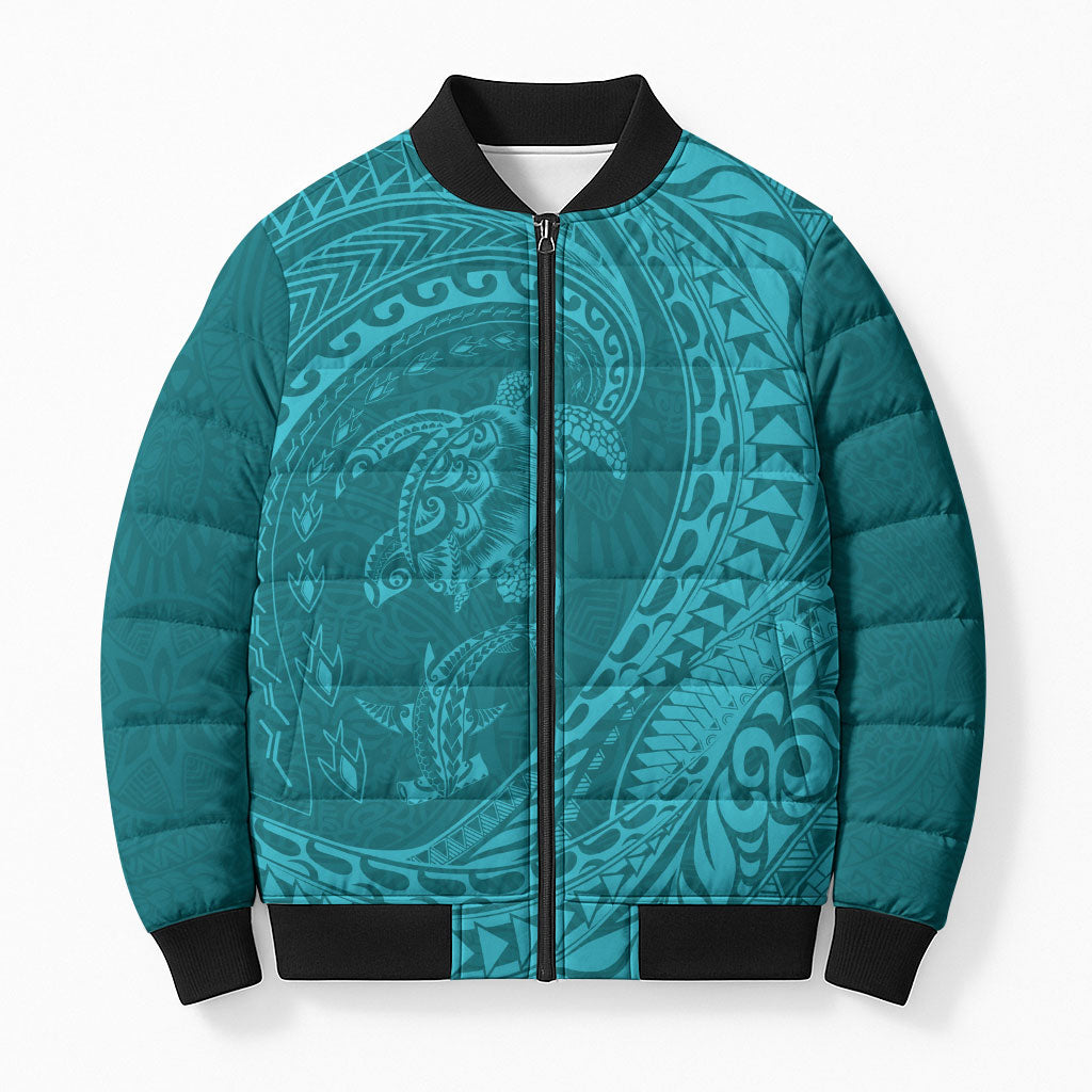 Hawaiian Turtle and Shark Bomber Puffer Jacket Kakau Tribal with Polynesian Pattern Turquoise Color LT03 Unisex Turquoise - Polynesian Pride