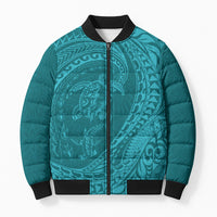 Hawaiian Turtle and Shark Bomber Puffer Jacket Kakau Tribal with Polynesian Pattern Turquoise Color LT03 Unisex Turquoise - Polynesian Pride