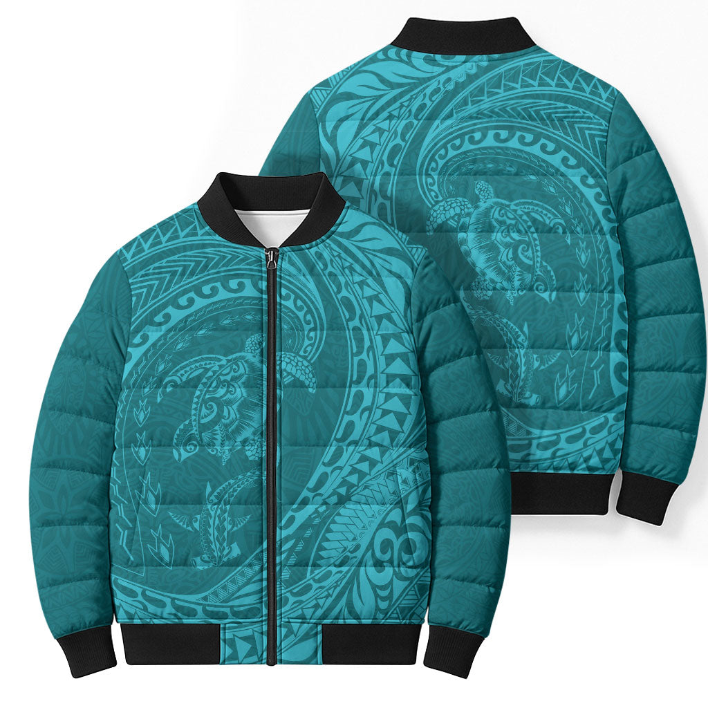 Hawaiian Turtle and Shark Bomber Puffer Jacket Kakau Tribal with Polynesian Pattern Turquoise Color LT03 - Polynesian Pride