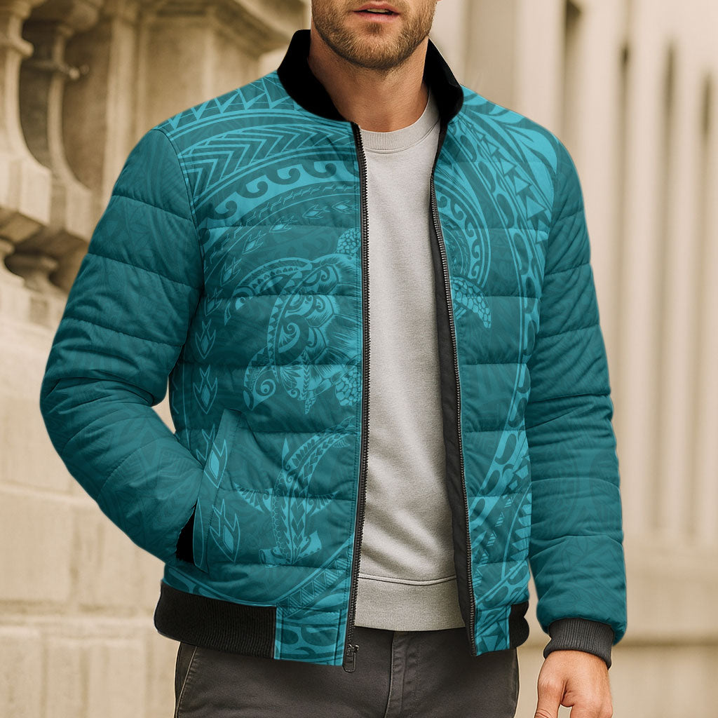 Hawaiian Turtle and Shark Bomber Puffer Jacket Kakau Tribal with Polynesian Pattern Turquoise Color LT03 - Polynesian Pride